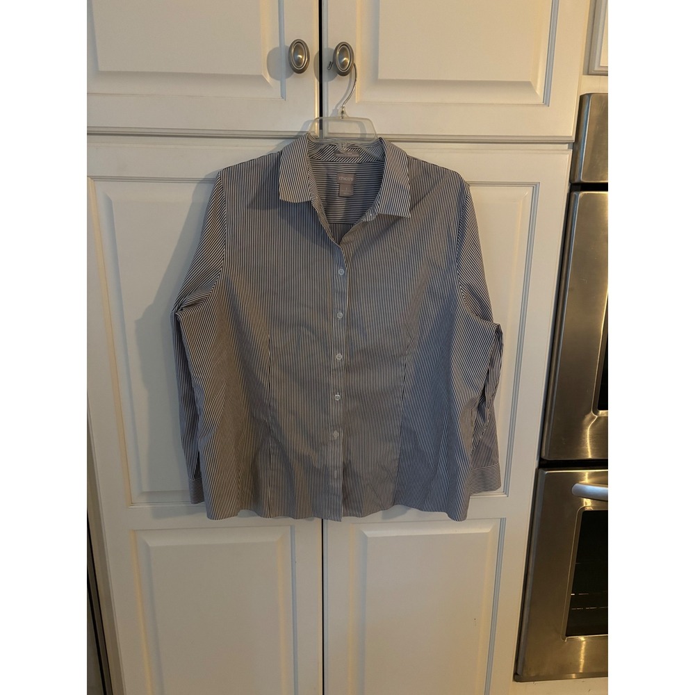 Chico's No-Iron Coolmax All‎ Season Striped Button Down Shirt Navy White Size XL